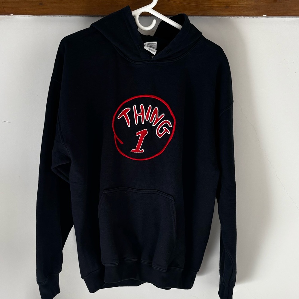 Gildan Black Hooded medium to heavy weight cotton material with “THING ONE” logo